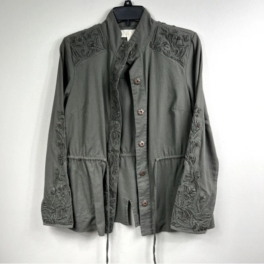 Love SAM Anthropology Travis Cargo Jacket Military Olive Beaded Embroidered XS
